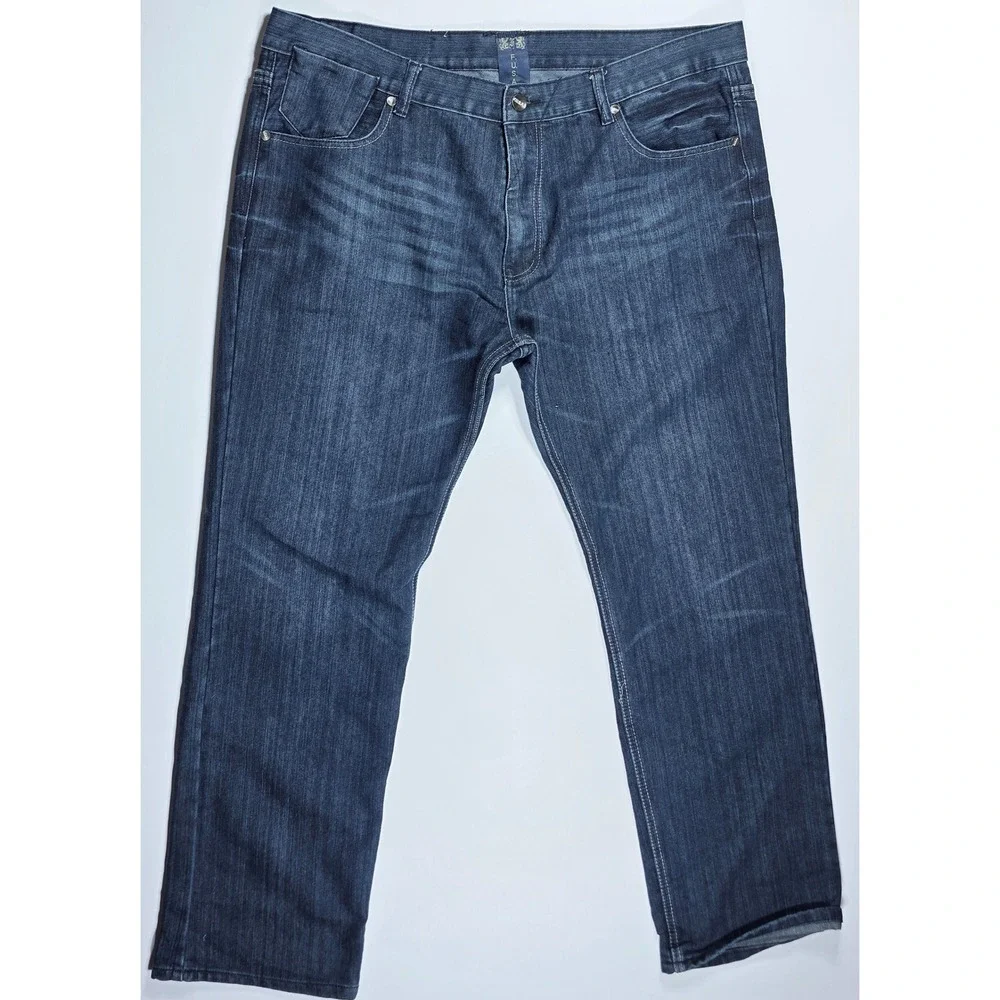 FUSAI Mens Dark Wash Straight Leg Denim Jeans Blue Size 42 x 32